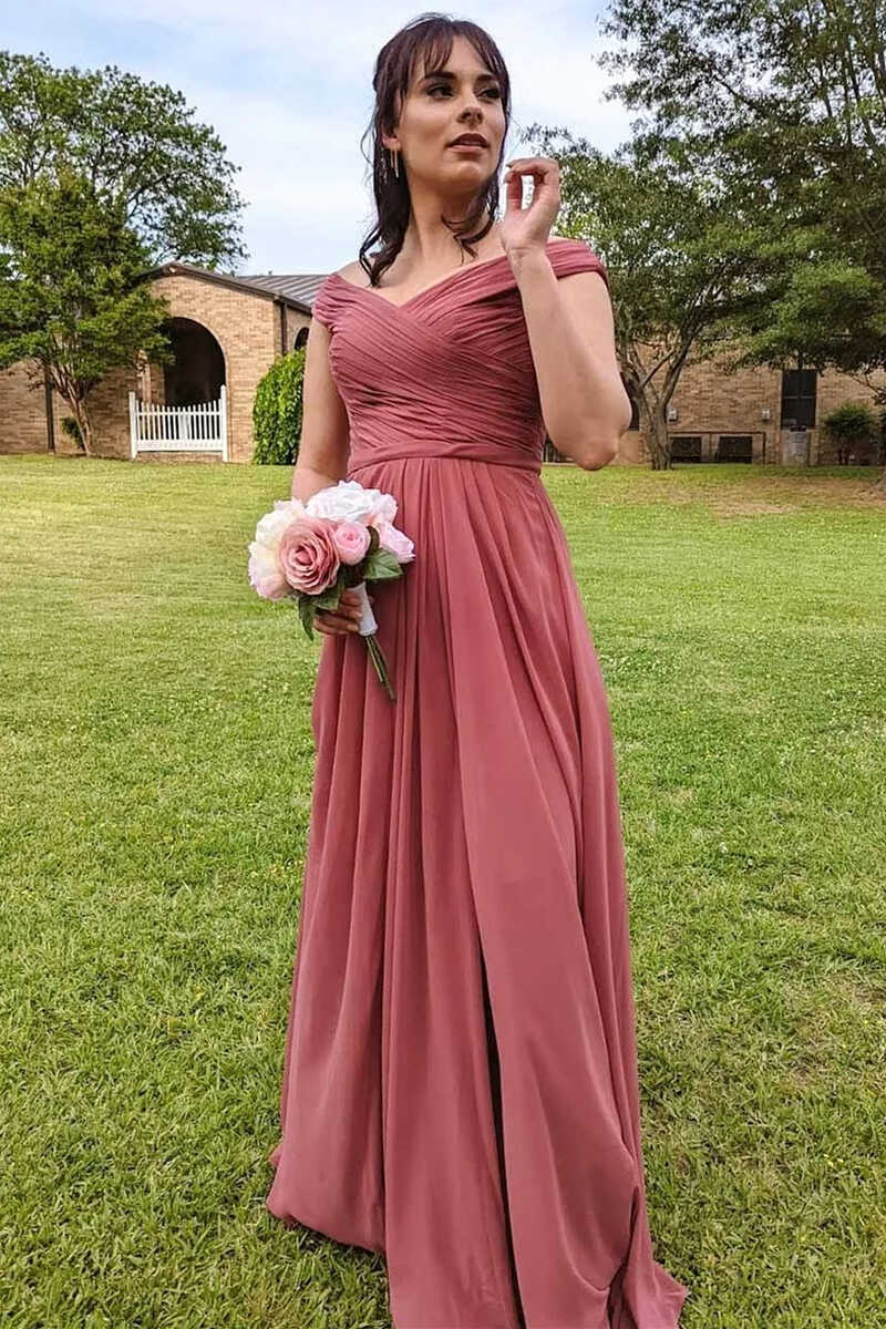 Chiffon Off-the-Shoulder Long Bridesmaid Dress with Slit