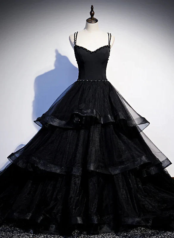 Black Tulle Layers Straps Beaded Long Evening Dress Black Formal Dress Prom Dress