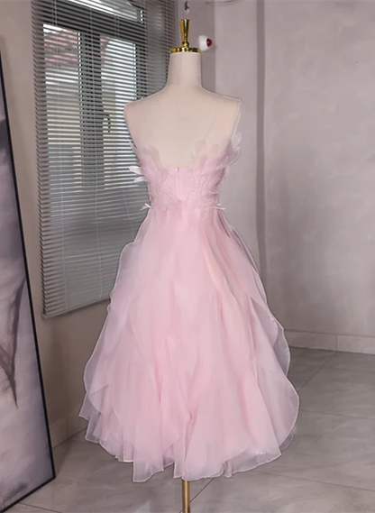 Pink Tulle Beaded Low Back Short Party Dress Pink Tulle Homecoming Dress