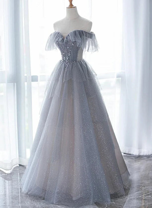 A-Line Princess Grey Beaded Layers Glitter Tulle Long Formal Dress Off Shoulder Prom Dress