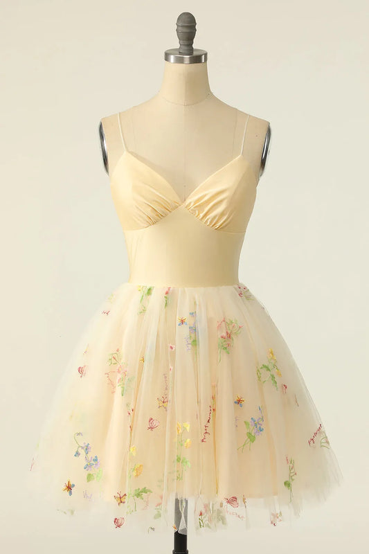 Champagne Tulle A-line V-Neck Homecoming Dress with Embroidery