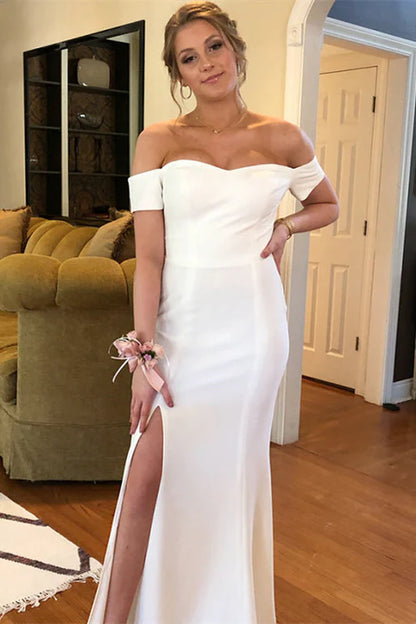 White Off-the-Shoulder Long Bridesmaid Dress with Slit