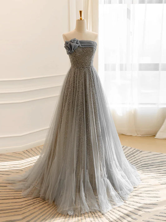 A-Line Gray Tulle Sequin Long Prom Dress Formal Dress With Sweep Train