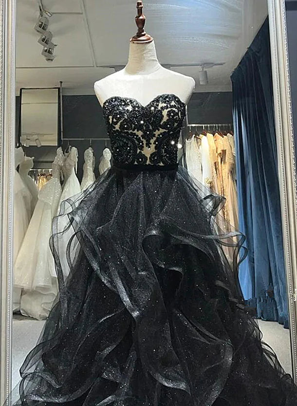 Black Sweetheart Tulle Layers Long Party Dress Black Tulle Lace Prom Dress