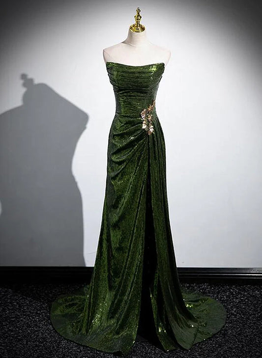 Green Sequins Long Mermaid Prom Dress Green Lace-up Party Dress with Slit