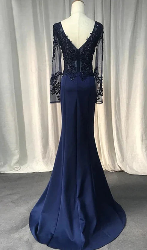 Navy Blue Spandex Long Sleeves Mermaid Evening Dress Navy Blue Prom Dress