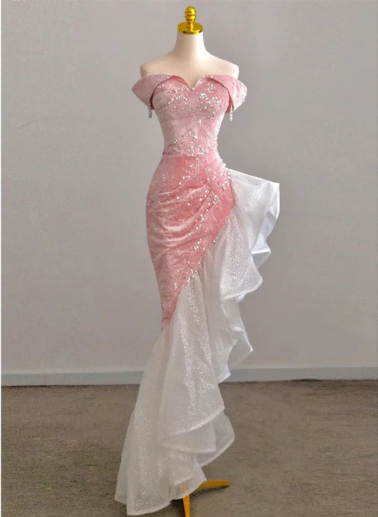 Stunning Chic Pink High Low Mermaid Off Shoulder Prom Dress Homecoming Dress