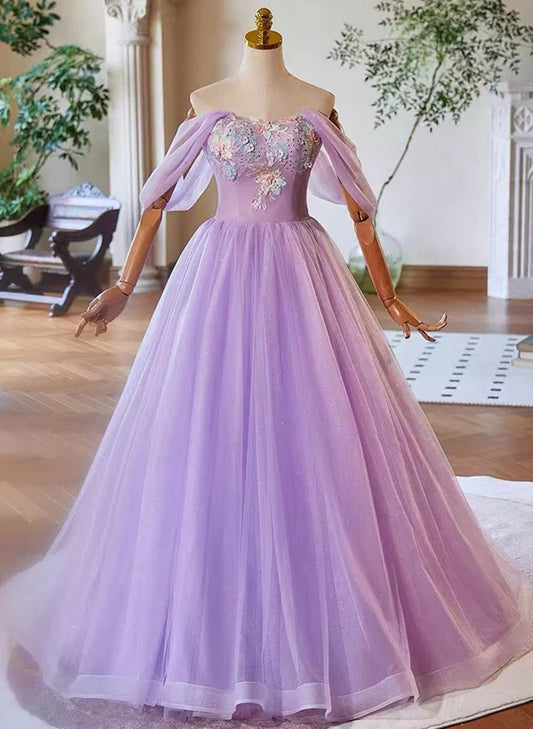 A-Line Princess Tulle Light Purple Sweethart Lace Applique Party Dress Prom Dress