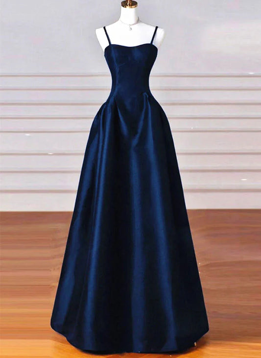 A-Line Simple Navy Blue Satin Straps Long Prom Dress Party Dress