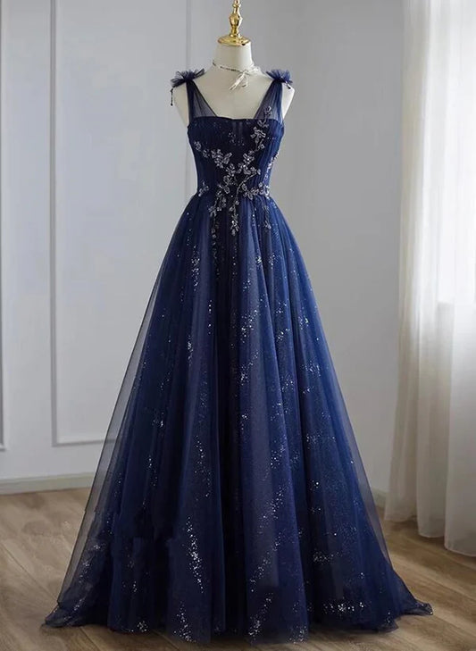 A-Line Princess Navy Blue Tulle Beaded V-neckline Party Dress Shiny Tulle Prom Dress