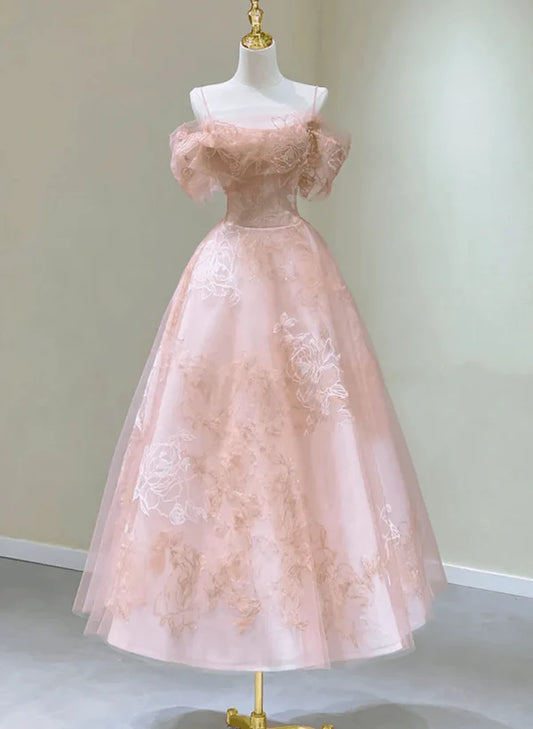 A-Line Princess Lovely Pink Tea Length Straps Tulle Formal Dress Prom Dress