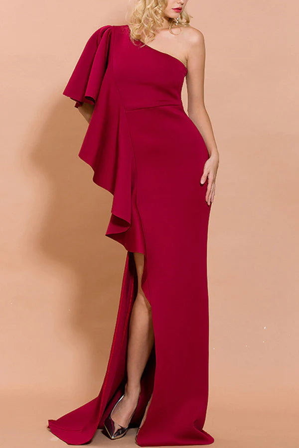 One Shoulder Wedding guest Dress Long Evening Party Dress With Slit