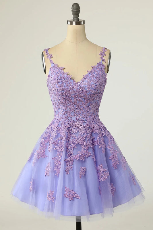 A Line Tulle V-Neck Spaghetti Straps Purple Short Homecoming Dress