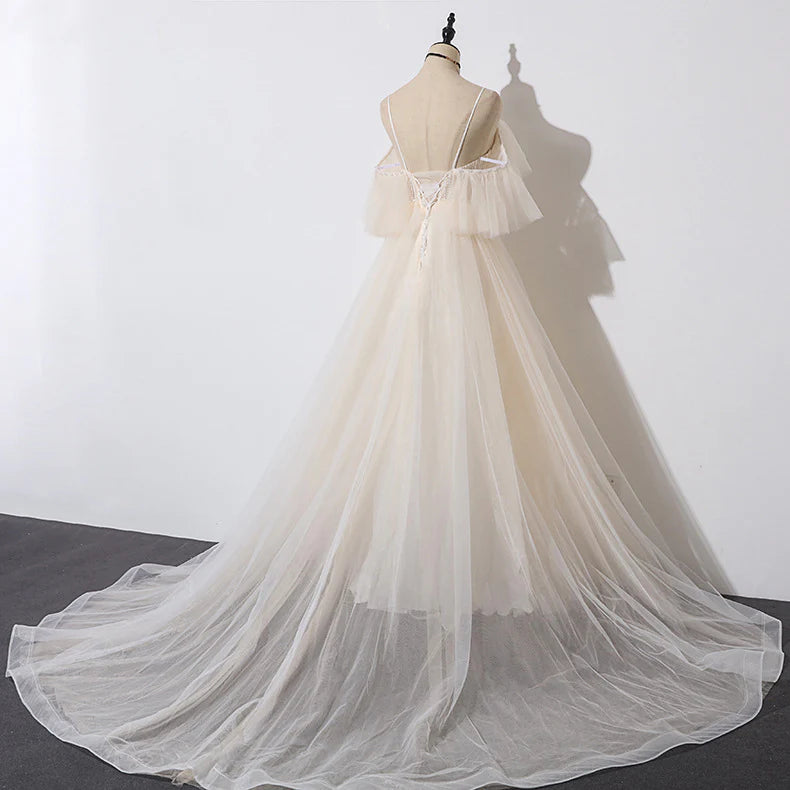 Ivory Tulle V-neckline Straps Off Shoulder Long Evening Dress A-line Prom Dress Party Dress