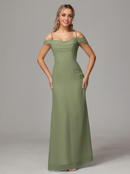 Spaghetti Straps Off The Shoulder Chiffon Long Bridesmaid Dress With Slit