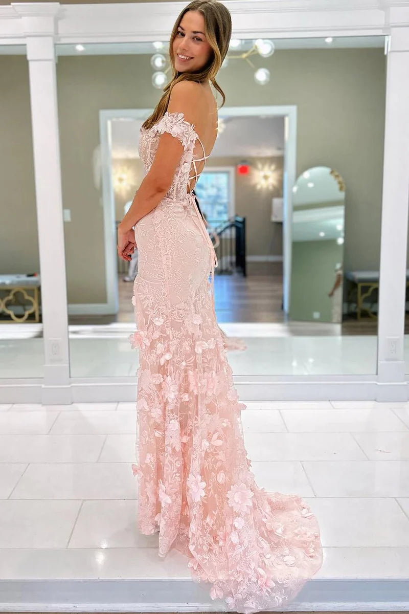 Light Pink Off the Shoulder Lace Appliques Mermaid Long Prom Dresses