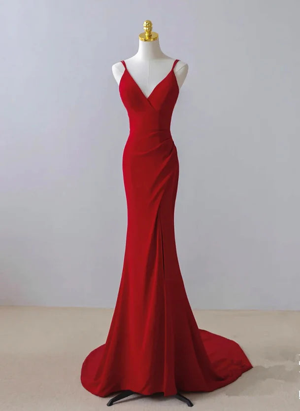 Pretty Red Mermaid Straps Long Evening Dress with Leg Slit Red Prom Dress