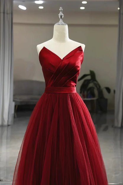 Wine Red Tea Length Tulle V-neckline Prom Dress Wine Red Tulle Party Dress