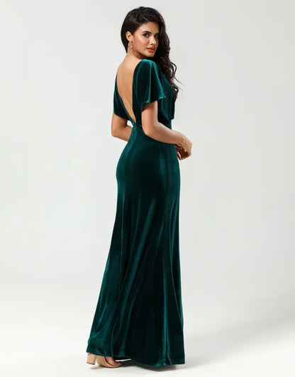 A Line V-Neck Peacock Velvet with Ruffles Bridesmaid Dress