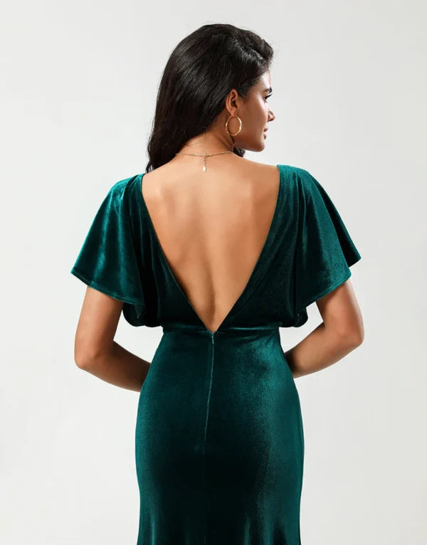 A Line V-Neck Peacock Velvet with Ruffles Bridesmaid Dress