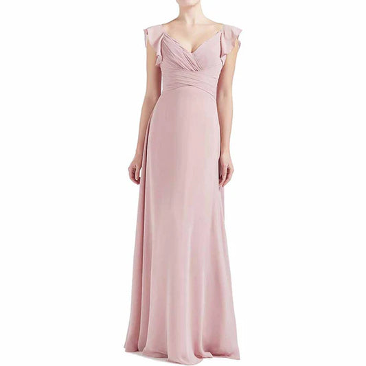 V Neck Ruffle Cap Sleeve Long Bridesmaid Dresses