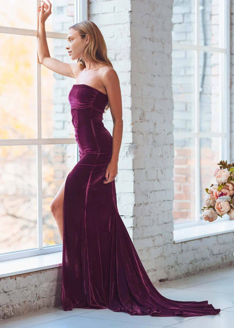 Plum Strapless Maxi Dress Velvet Mermaid Train Dress Wedding Guest Dress Evening Dress Bridesmaid Dress Special Occasion Bodycon Dress With Slit