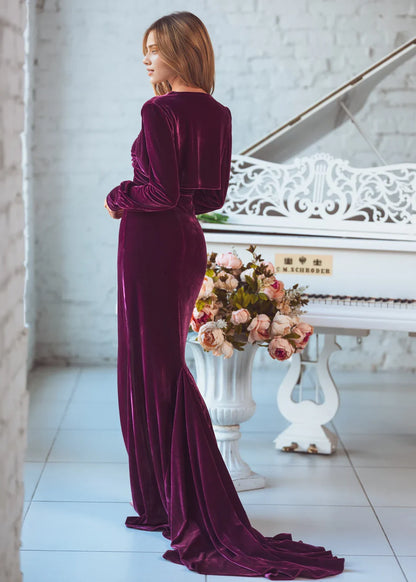 Plum Strapless Maxi Dress Velvet Mermaid Train Dress Wedding Guest Dress Evening Dress Bridesmaid Dress Special Occasion Bodycon Dress With Slit