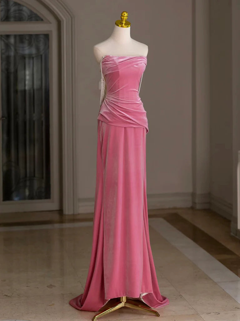 Mermaid Velvet Pink Long Prom Dress Pink Long Formal Dress