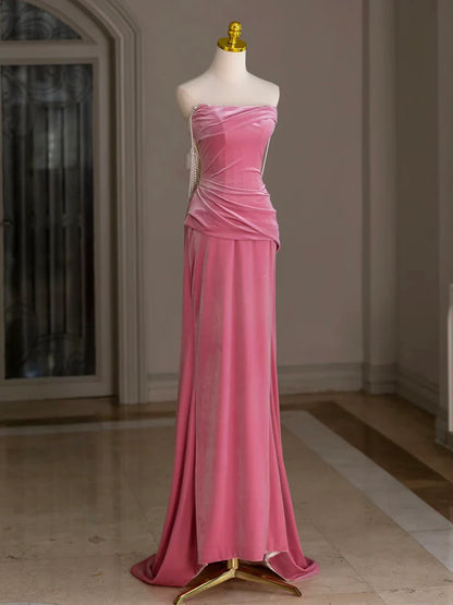 Mermaid Velvet Pink Long Prom Dress Pink Long Formal Dress