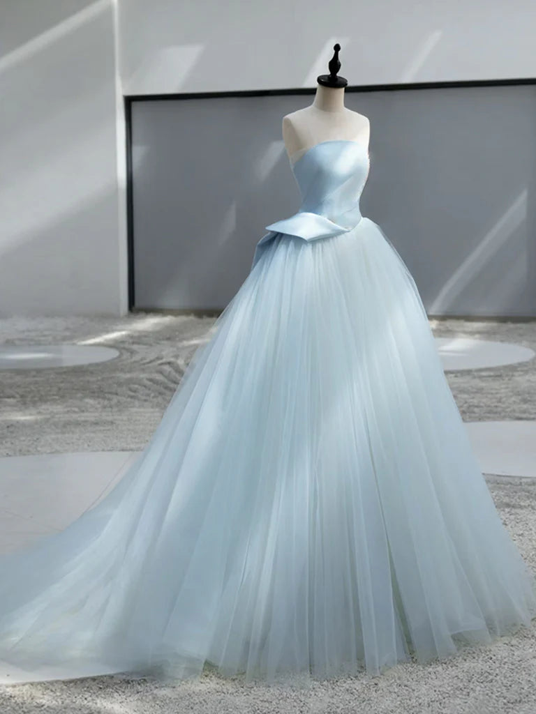 A-Line Satin Tulle Blue Quinceanera Dress Long Prom Dress Ball Gown