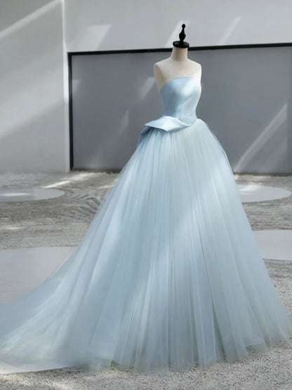 A-Line Satin Tulle Blue Quinceanera Dress Long Prom Dress Ball Gown