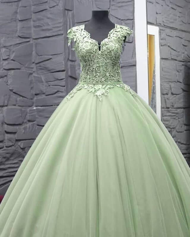 A-Line Princess Lace V-neck Cap Sleeve Tulle Ball Gown Quinceanera Dress