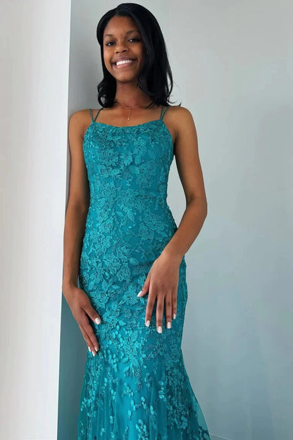 Turquoise Appliques Lace-Up Trumpet Long Prom Dress