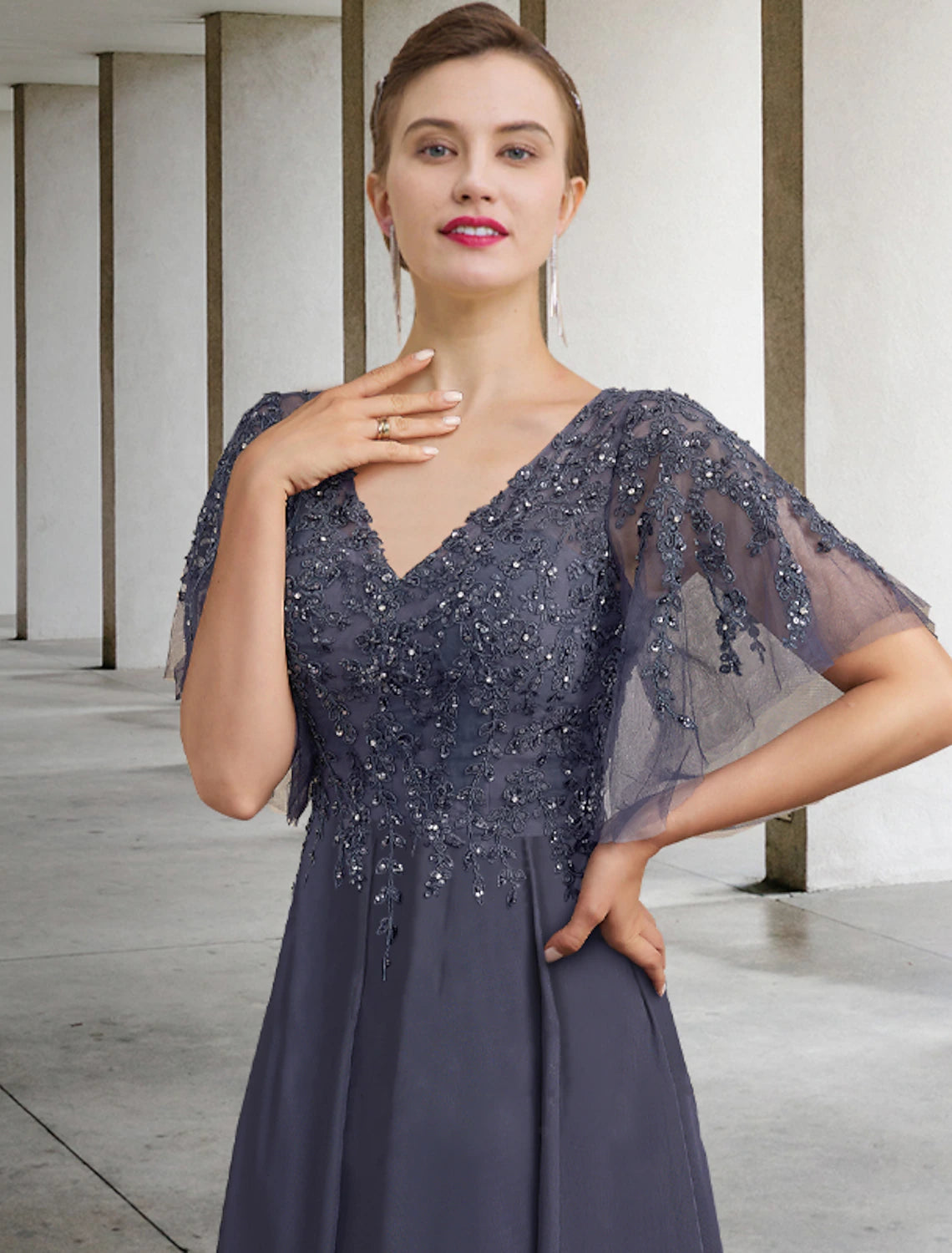 A-Line Plus Size Mother of the Bride Dress Jewel Neck Ankle Length Chiffon Lace Short Sleeve with Beading Appliques