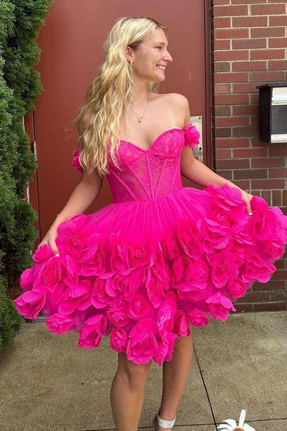 A-Line Off the Shoulder Pink Satin Homecoming Dresses with Flowers