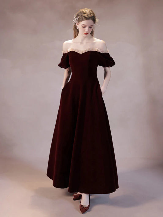 A-Line Burgundy Velvet Long Prom Dress Burgundy Formal Dress