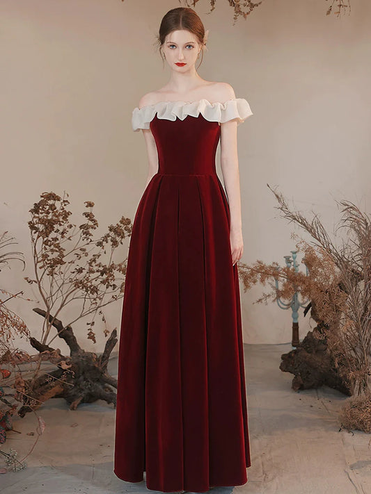 A-Line Off Shoulder Velvet Burgundy Long Prom Dress Burgundy Formal Dress