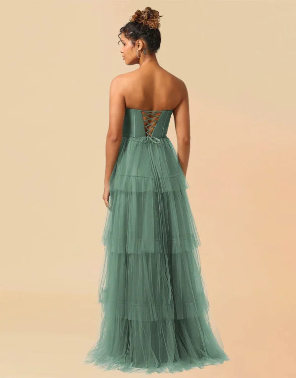 A-Line Detachable Straps Lace Up Tulle With Split Bridesmaid Dress