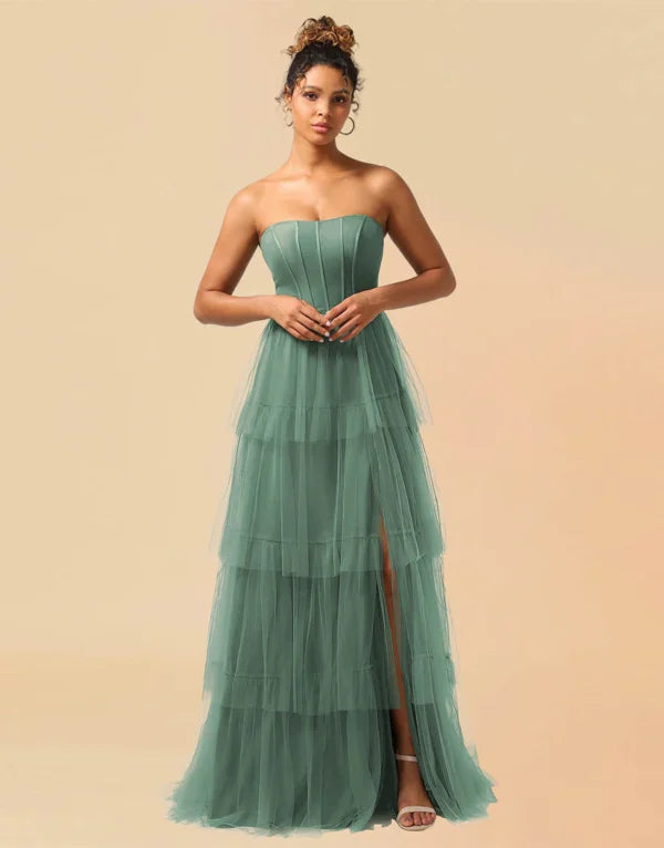 A-Line Detachable Straps Lace Up Tulle With Split Bridesmaid Dress