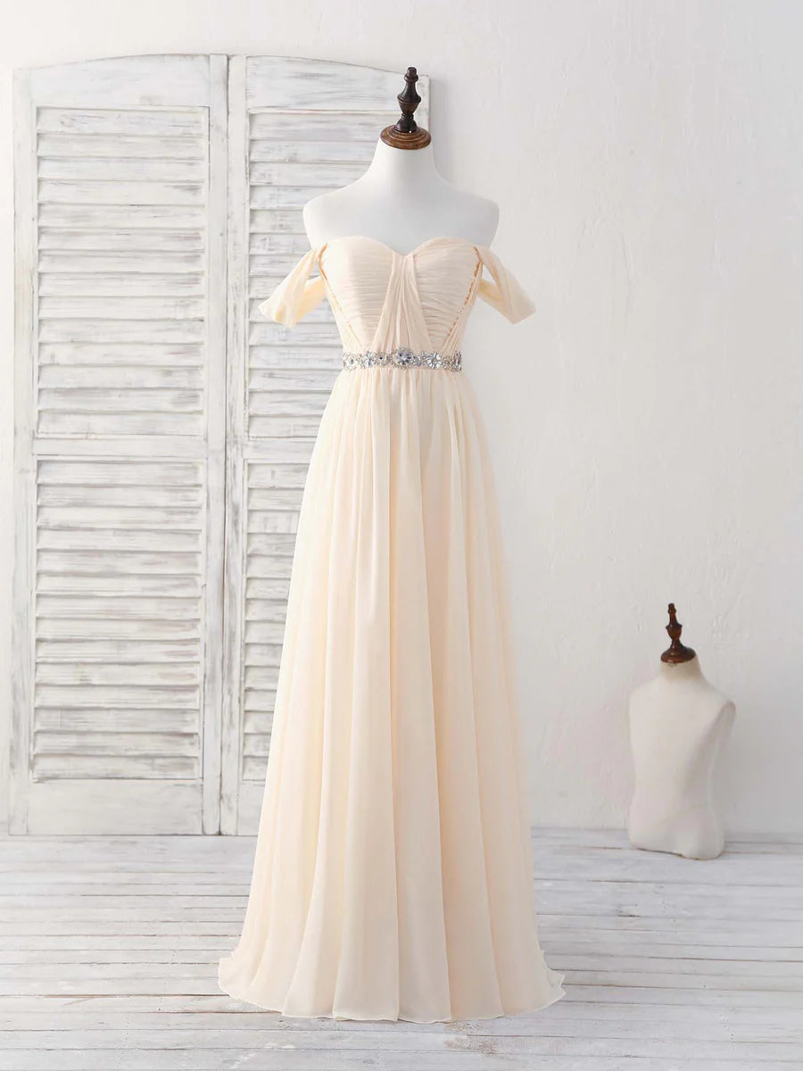 Champagne Chiffon Off Shoulder Long Prom Dress Bridesmaid Dress