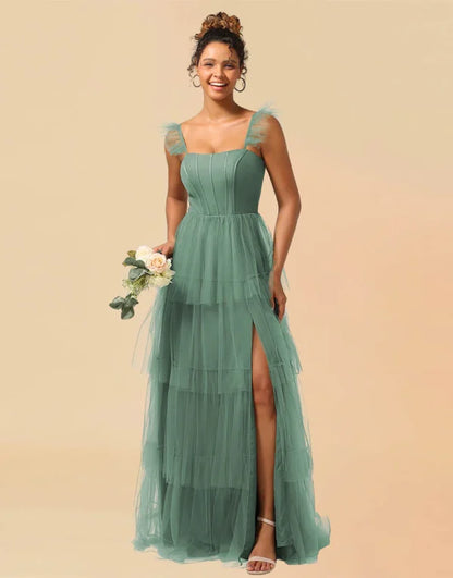 A-Line Detachable Straps Lace Up Tulle With Split Bridesmaid Dress