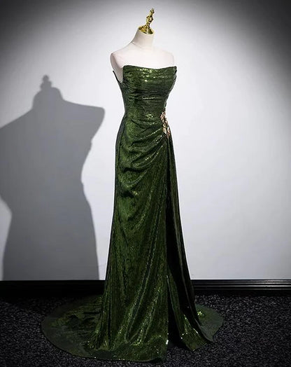 Green Sequins Long Mermaid Prom Dress Green Lace-up Party Dress with Slit