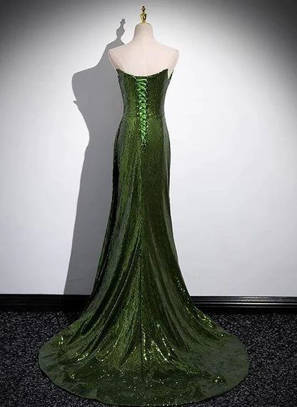 Green Sequins Long Mermaid Prom Dress Green Lace-up Party Dress with Slit