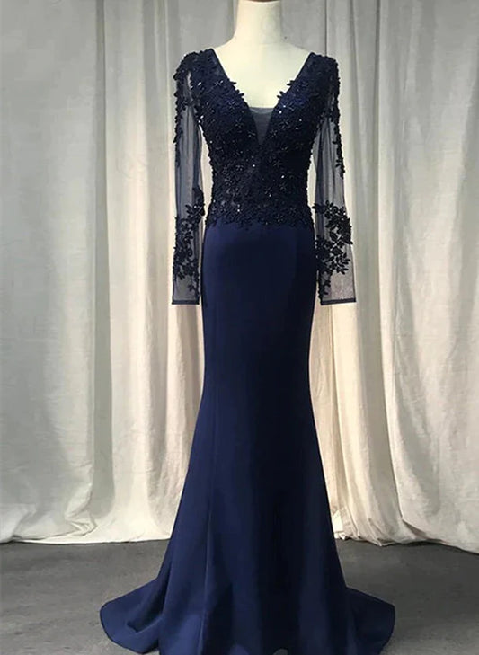 Navy Blue Spandex Long Sleeves Mermaid Evening Dress Navy Blue Prom Dress