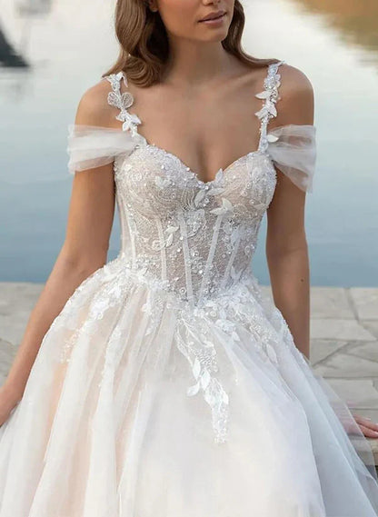 A-line decal lace off shoulder sheer wedding dress