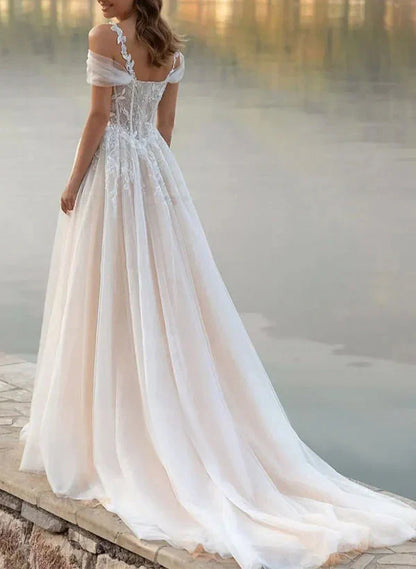 A-line decal lace off shoulder sheer wedding dress