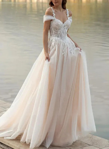 A-line decal lace off shoulder sheer wedding dress