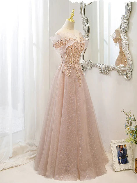 Pink Off Shoulder Shiny Tulle with Beaded and Lace Prom Dress Long Pink Formal Dresses