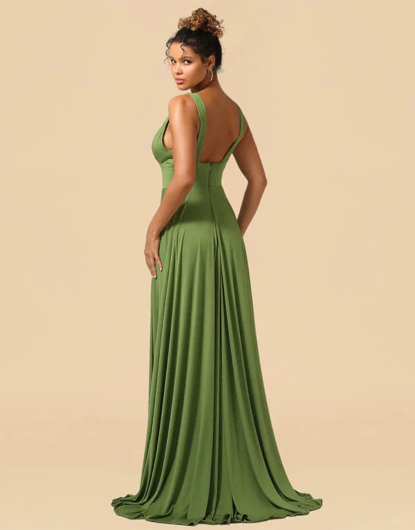 A-Line Deep V-neck Floor Length Spandex with Split Bridesmaid Dress