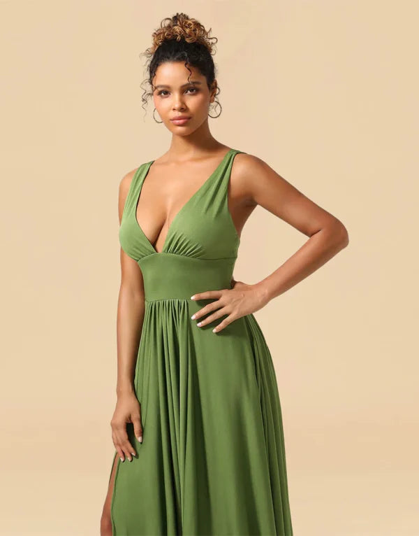 A-Line Deep V-neck Floor Length Spandex with Split Bridesmaid Dress